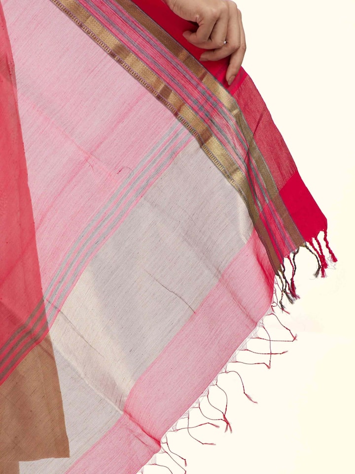 Draped detail view of the Red Cotton Silk Maheshwari Zari Border Dupatta