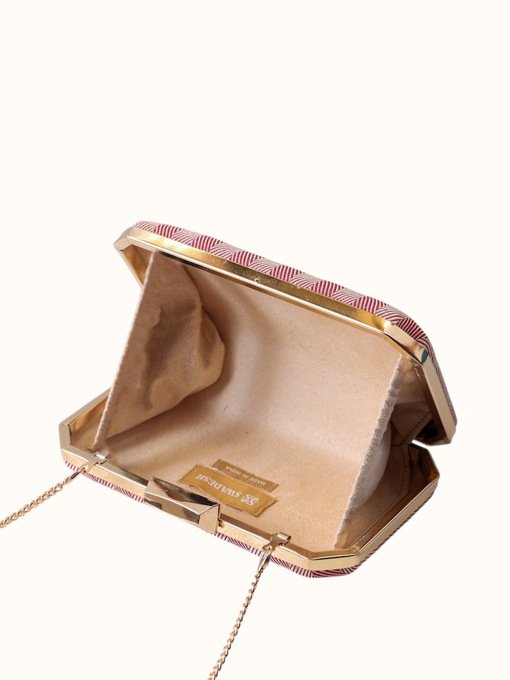Overview of Maroon Banarasi Silk Clutch showing the complete bag