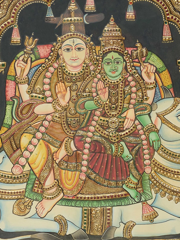 Detail view of the Shiva Parvathi Thanjavur Painting