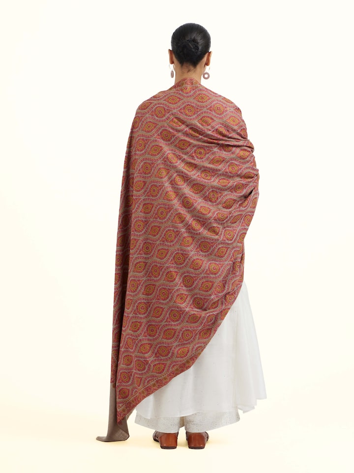 Back view of Natural Sozni Hand Embroidered Shawl emphasizing the overall design and fine details
