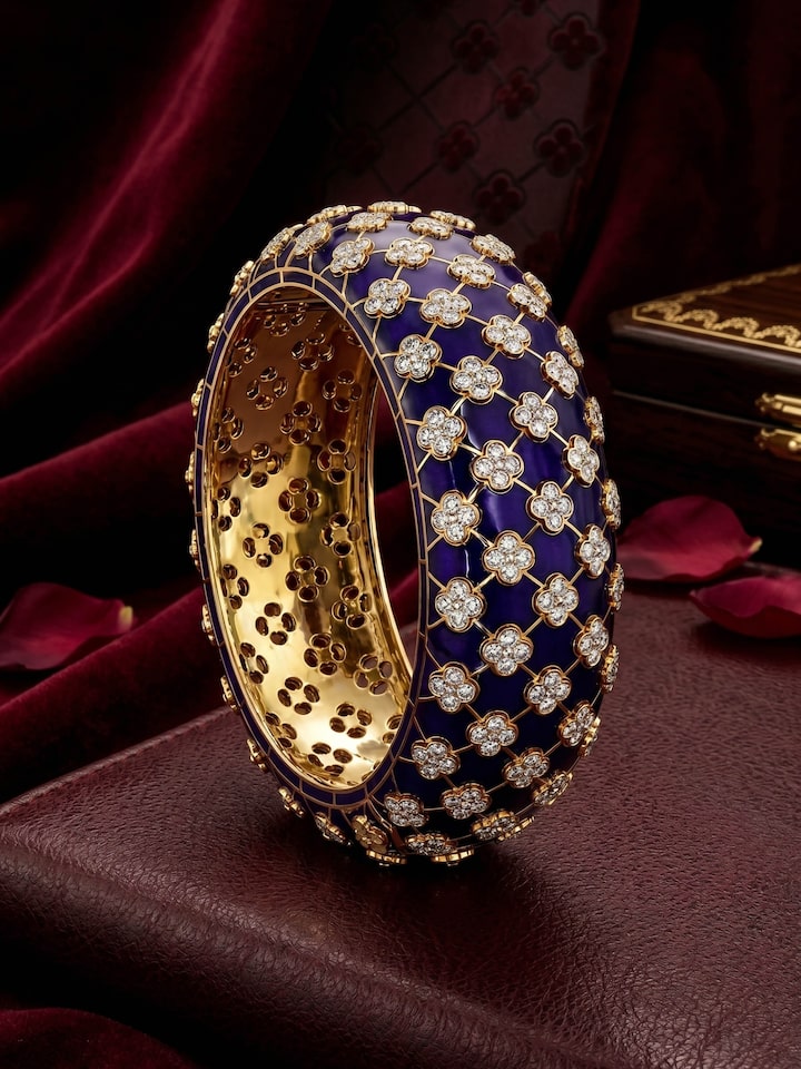 Styled view of Open Setting 14 Karat Yellow Gold Bangle with Diamonds worn on the wrist, showing how it looks styled