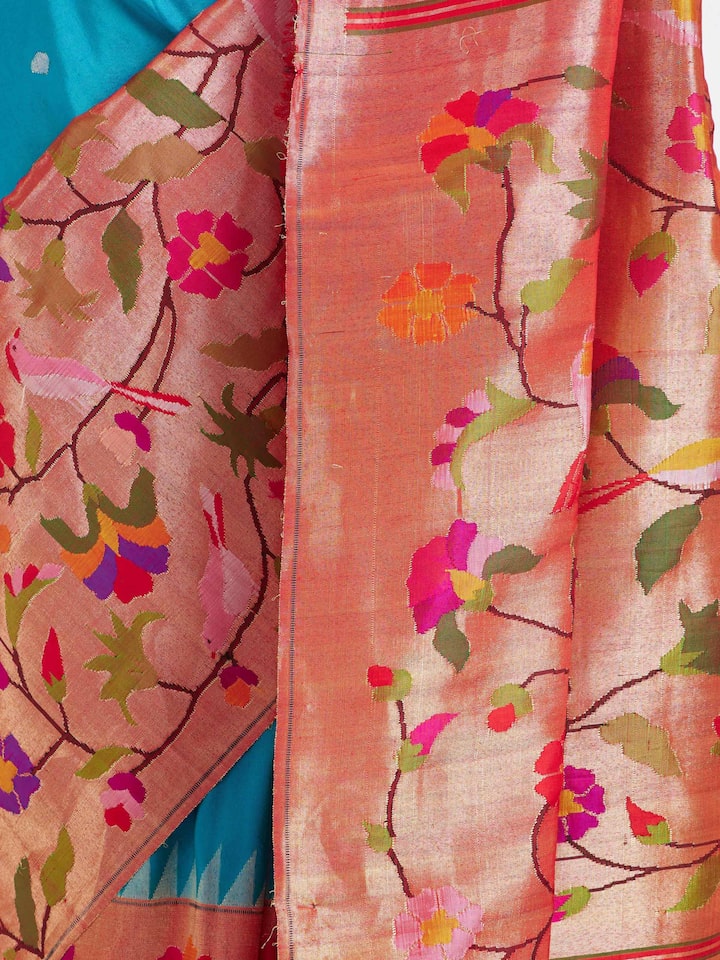 Back view of the Turquoise Mulberry Silk Paithani Handloom Saree