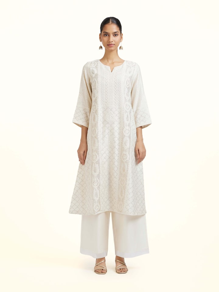 Front view of the White Chanderi Cotton Silk Chikankari A-Line Kurta