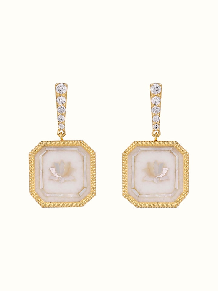 front view of parchinkari silver drop earrings with intricate inlay work