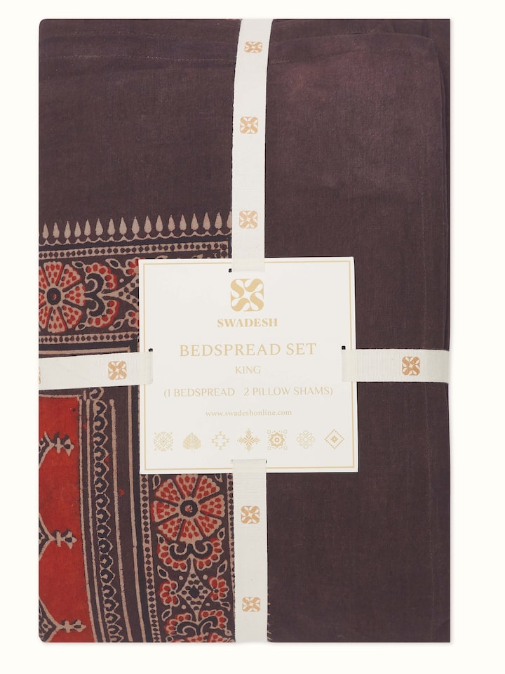 Perspective view of Sindh multicolour jaal cotton ajrakh block printed king bedspread set (3 pcs) displaying its overall design and color vibrancy.