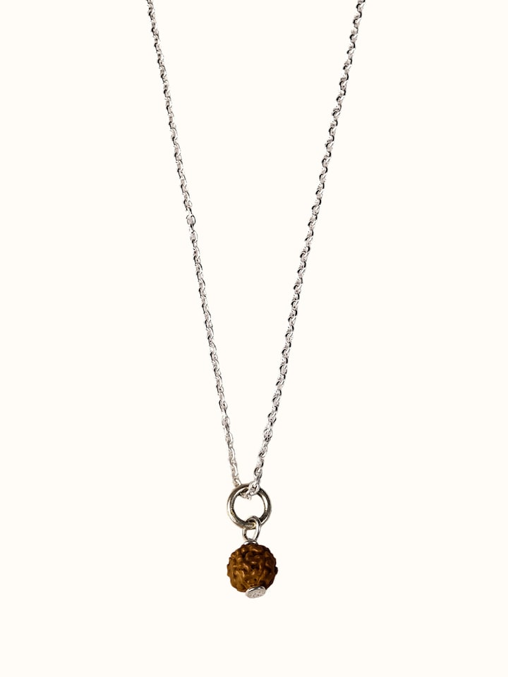 Front view of the Swadesh Gemstone Panchmukhi Rudraksha Mini Silver Necklace