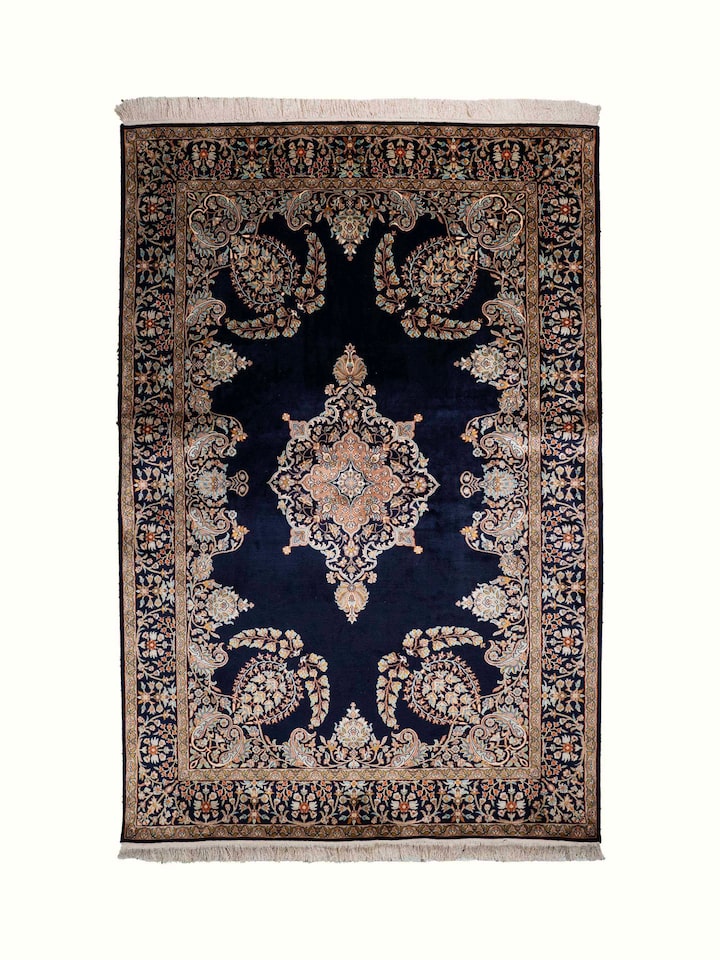 Front view of Traditional Persian Navy Mahal Kashmir Silk Hand-Knotted Carpet showing the full rug and pattern layout