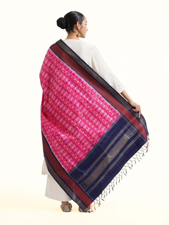 Back view of pink and blue silk ikat zari dupatta displaying border design