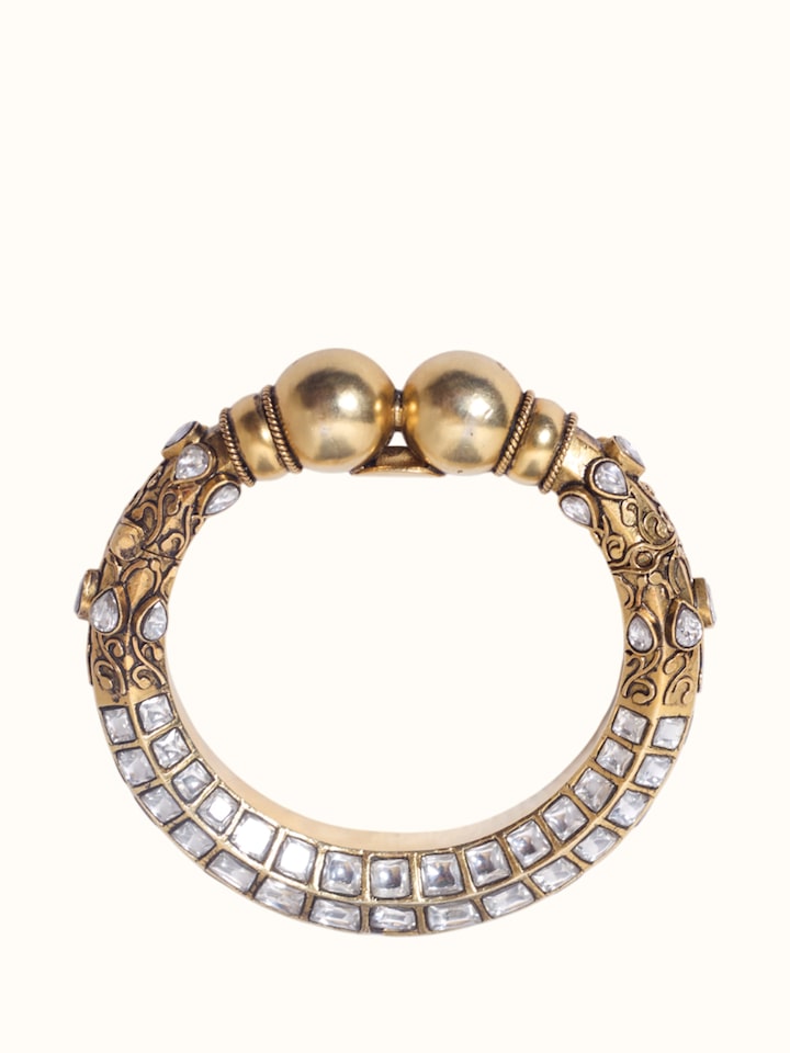 Front view of Jadau Silver Bangle showing the complete piece and design