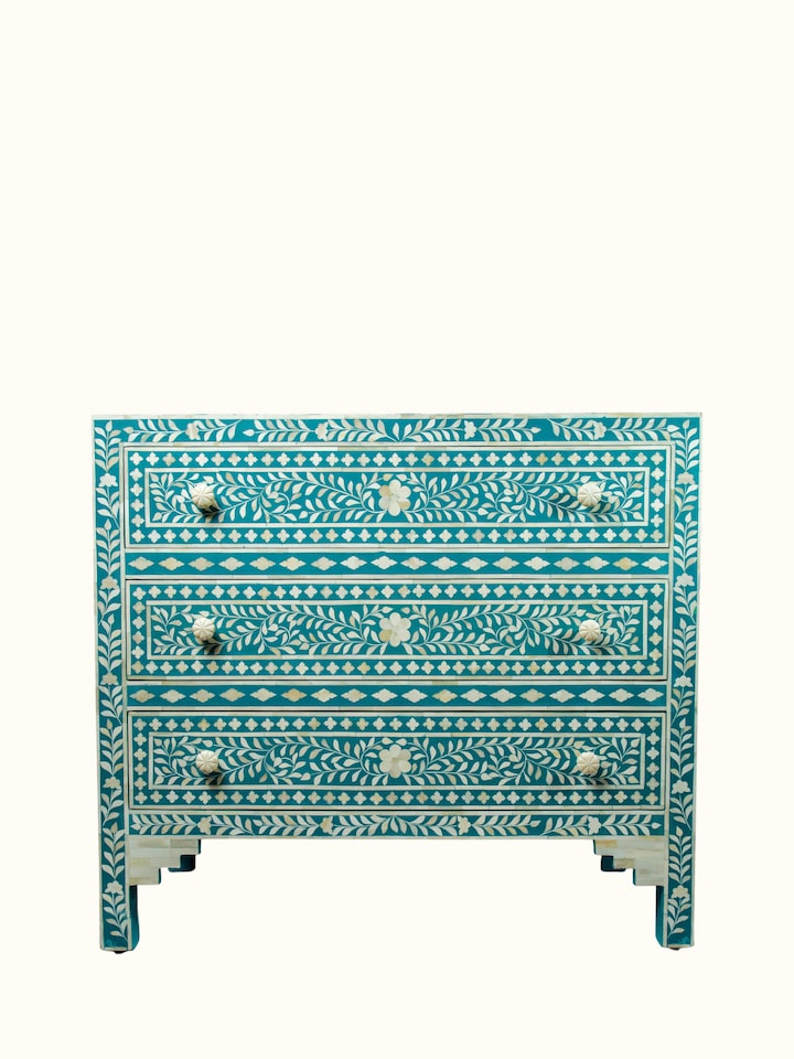 Front view of Bone Inlay Chest of Drawers showing the front design and silhouette