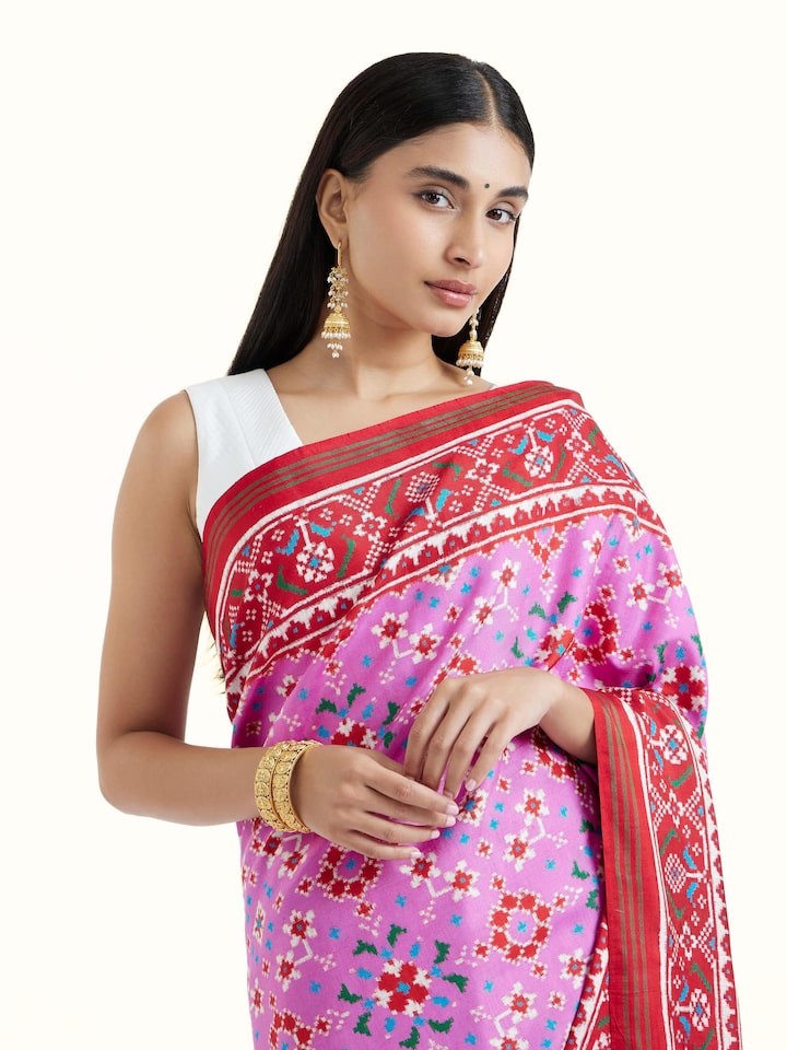 Angled view of the Pink Silk Patola Saree