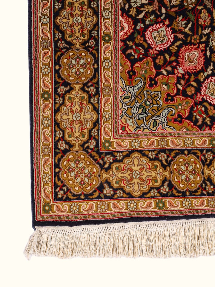 Close-up of the Traditional Persian Black Ochre Ardebil Kashmir Silk Hand-Knotted Carpet
