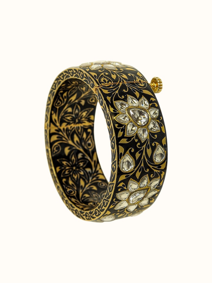 front view of meenakari nathdwara silver gold plated bangle with intricate enamel work