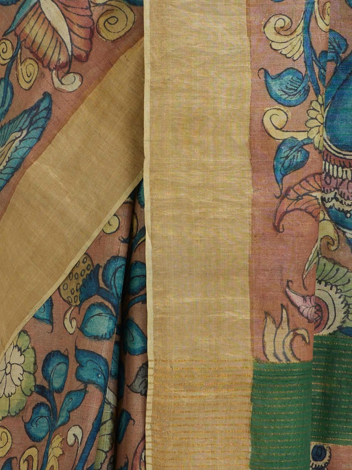 Detailed view of Beige Kalamkari Tussar Silk Saree focusing on the fine craftsmanship and texture