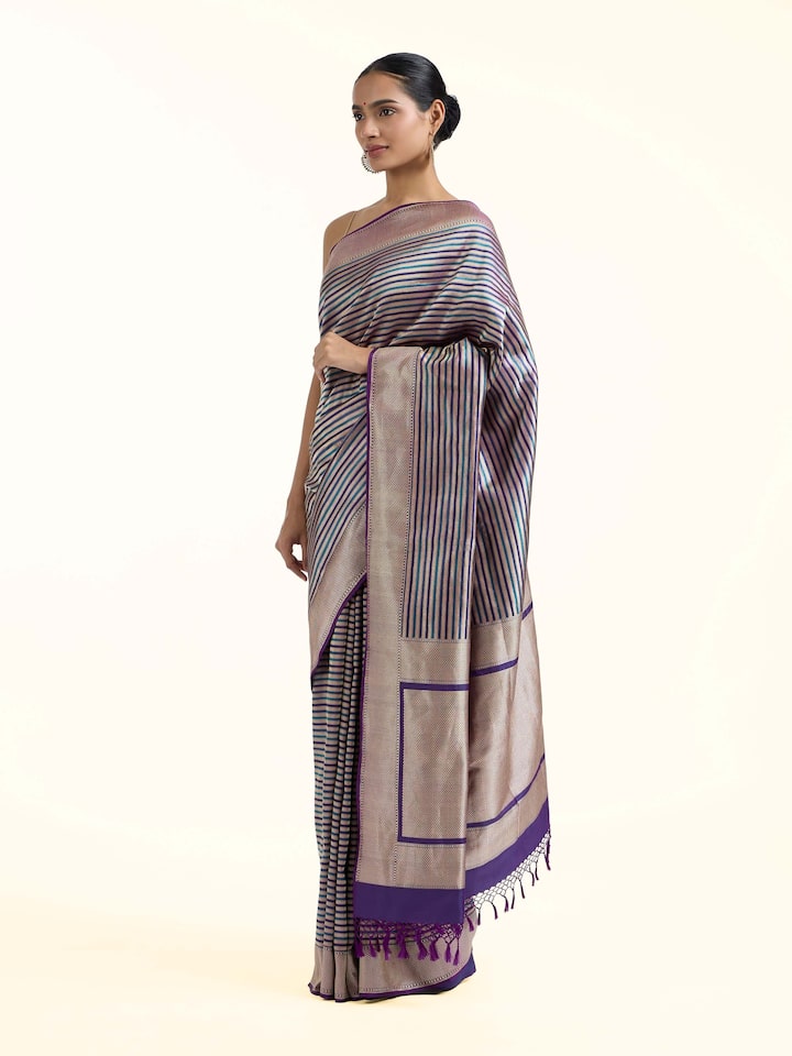 Side view of Banarasi Kadhwa Silk Saree highlighting the detailed craftsmanship and elegant silhouette