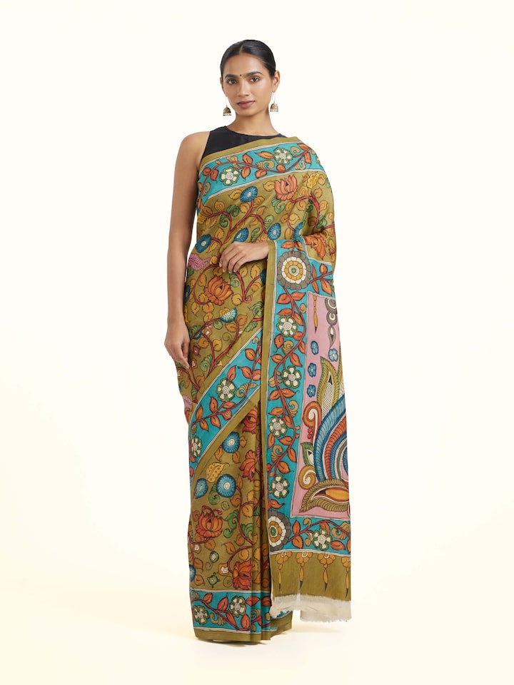 front view of kalamkari mulberry silk saree with intricate artwork