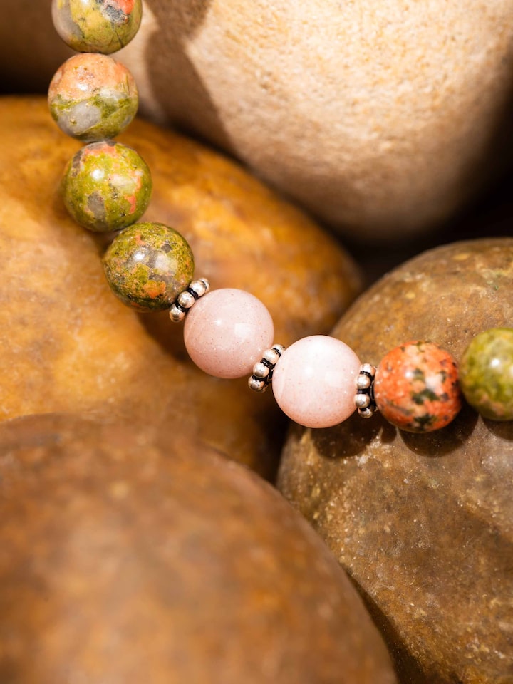 Side view of Unakite & Peach Moonstone Silver Bracelet showing the bracelet’s stone sequence and clasp placement