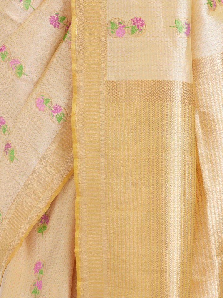 Detailed view of Yellow Banarasi Kadhwa Silk Saree focusing on the fine craftsmanship and texture