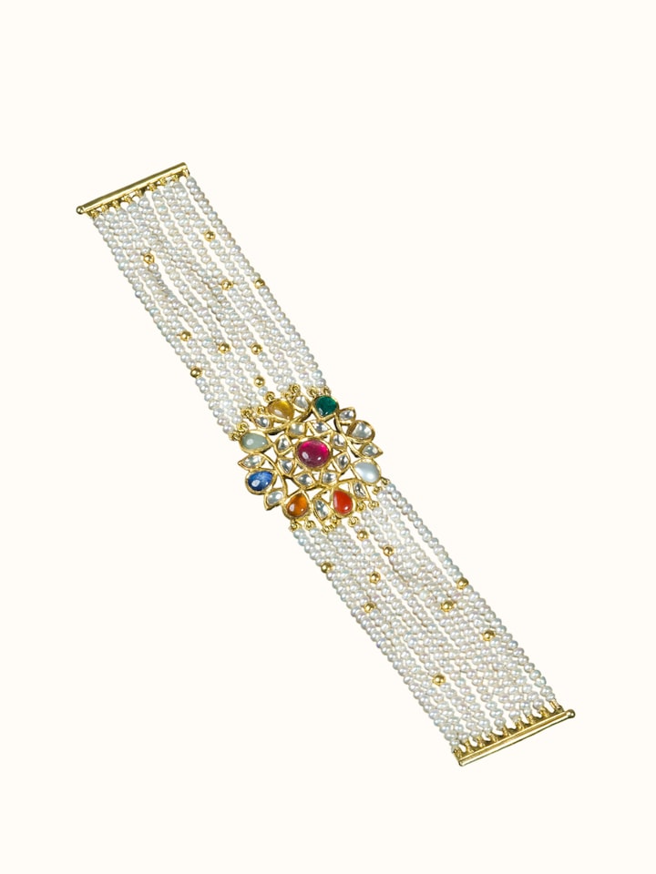 Front view of the Jadau Navaratna 18 Karat Gold Bracelet