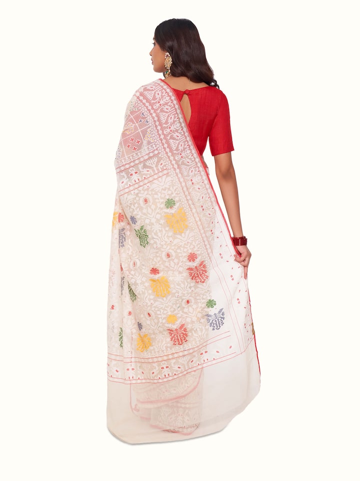 Back view of white cotton Awadh Jamdani saree displaying full pallu and pattern spread