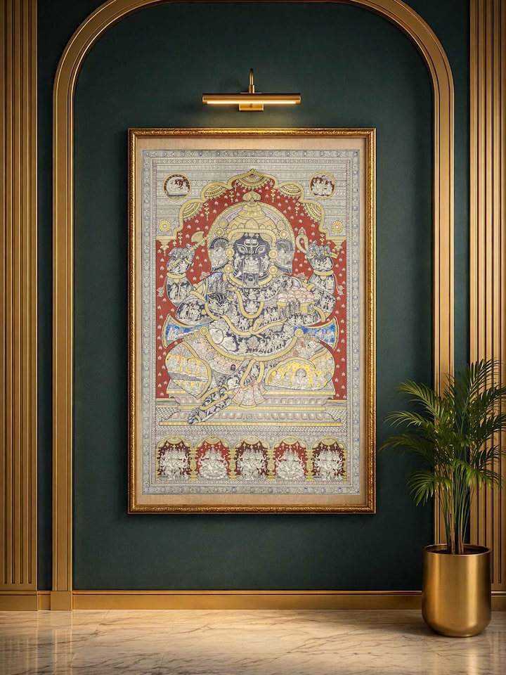 Styled view of Ganesha Pattachitra Painting displayed against a styled backdrop