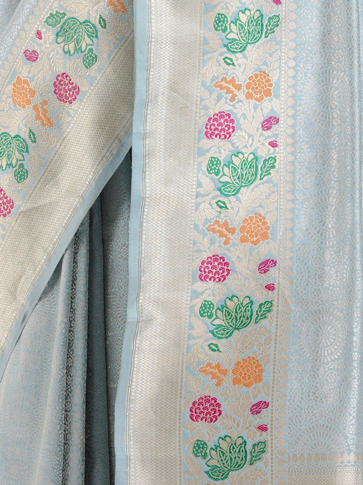 Detailed view of Ivory Banarasi Kadhwa Silk Saree focusing on the fine craftsmanship and texture