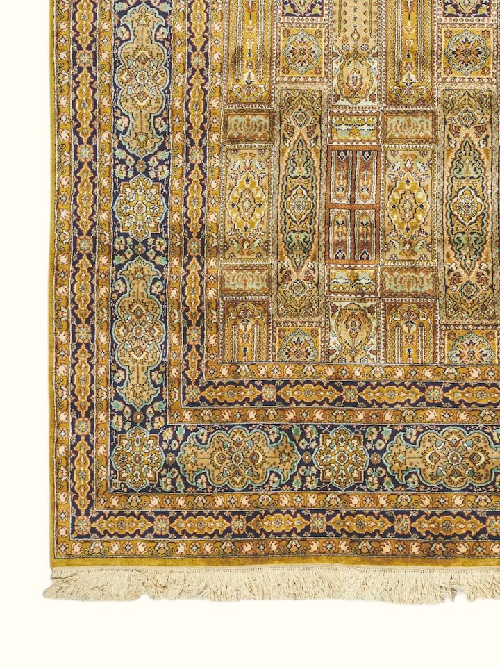 Close-up of the Traditional Persian Ochre Khesti Kashmir Silk Hand-Knotted Carpet