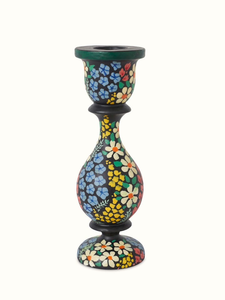 Detail view of Papier-Mache Candle Bases in multicolor (2 pcs) focusing on the texture and colors of the papier-mache.