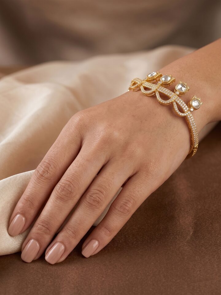 Styled view of Dank Polki Silver Bangle worn on the wrist, showing how it looks styled