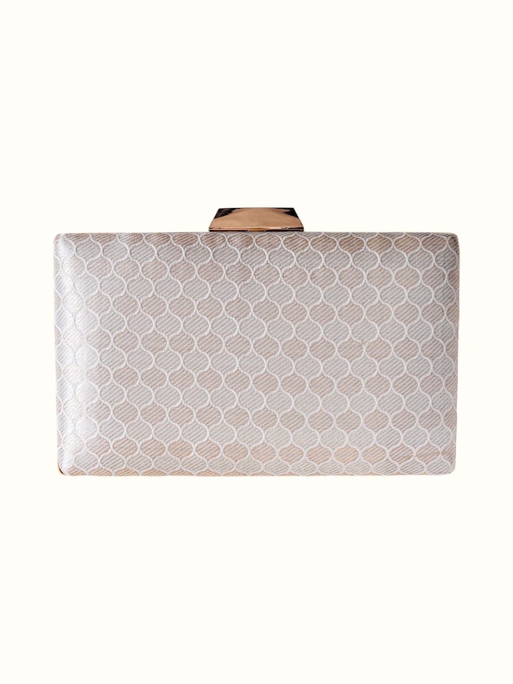 Front view of the Silver Handwoven Brocade Clutch