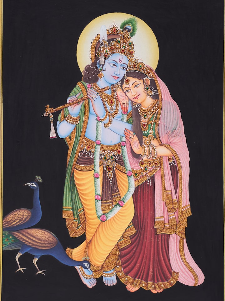 Detail view of the Radha Krishna Peacock Miniature Painting