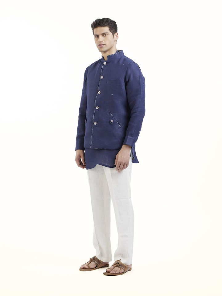 Navy Blue Linen Handloom Jacket Set