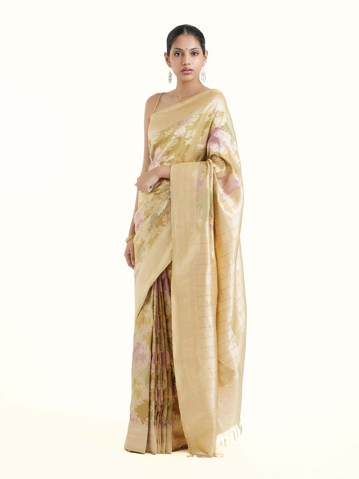 Side view of silk rangkat banarasi saree with elegant drape and ornate border