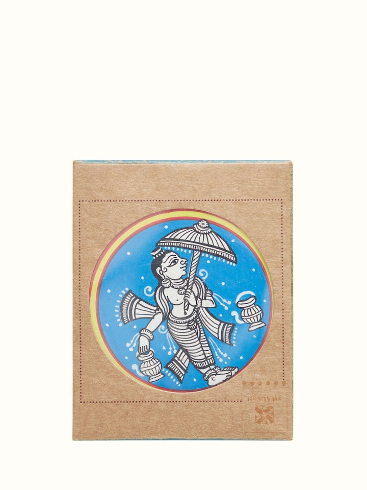 Angled view of Pattachitra fridge magnets blue (2 pcs) emphasizing the intricate Pattachitra patterns and vibrant blue color