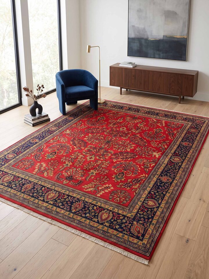 Traditional Sarouk Red Navy Bhadohi Wool Hand Knotted Rug