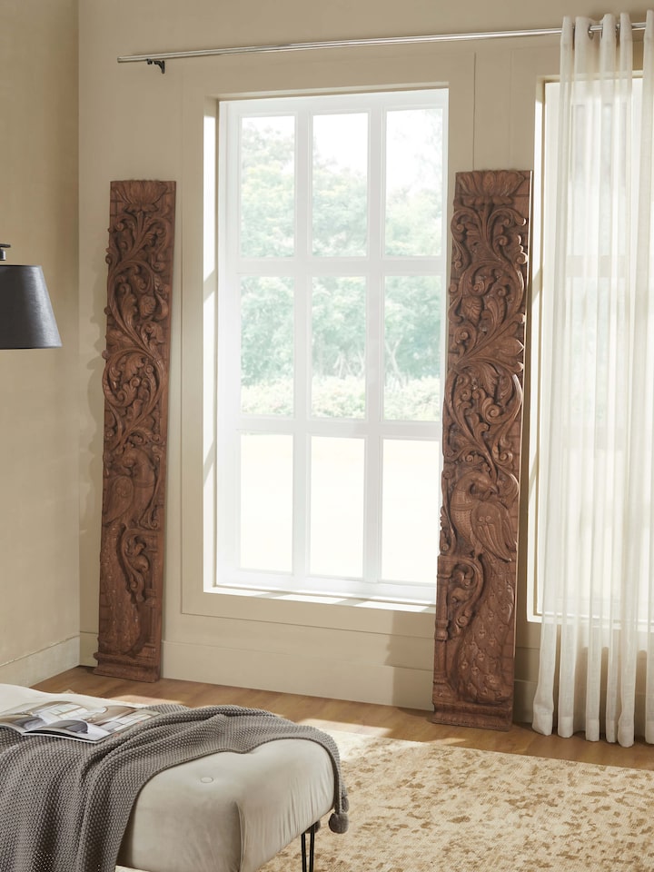 Left-side view of the Wood Carved Peacock Panels (2 Pieces)