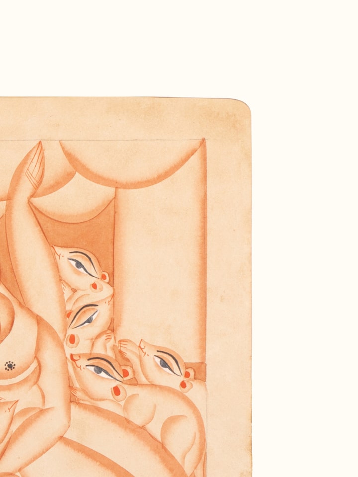 Side detail view of Ganesha Mooshik Kalighat folk art painting on paper