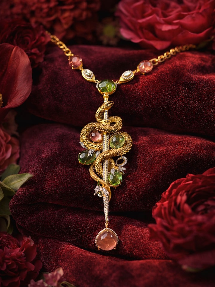 detail view of open-setting 14 karat long necklace design
