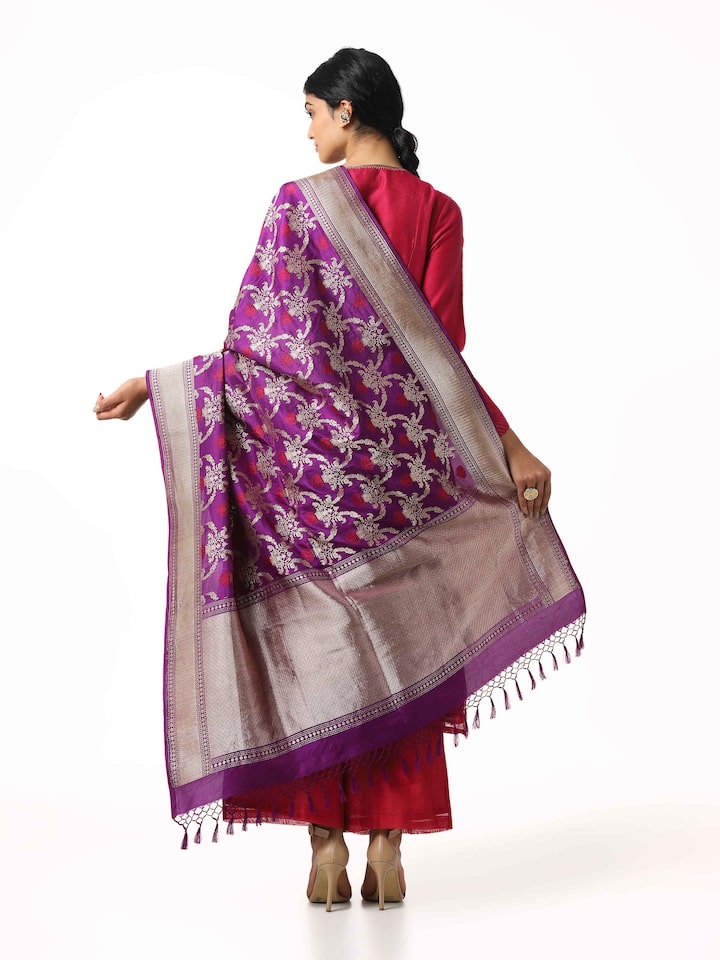 Back view of purple Banarasi silk kadwa jaal handwoven dupatta displaying complete design