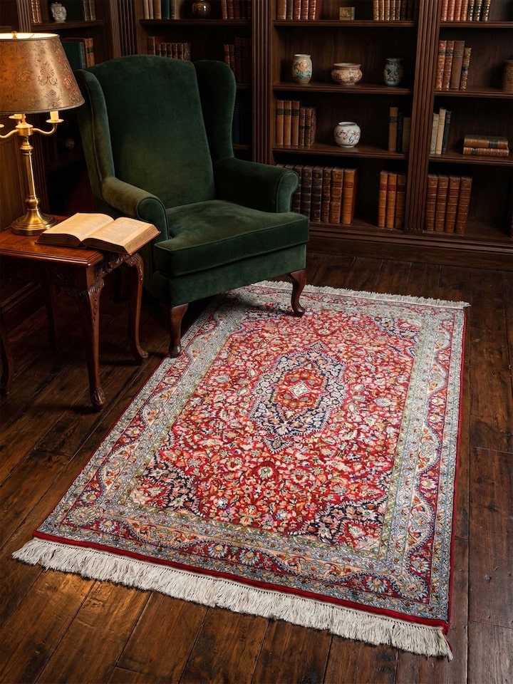 Lifestyle view of the Traditional Persian Red Kashan Kashmir Silk Hand-Knotted Carpet