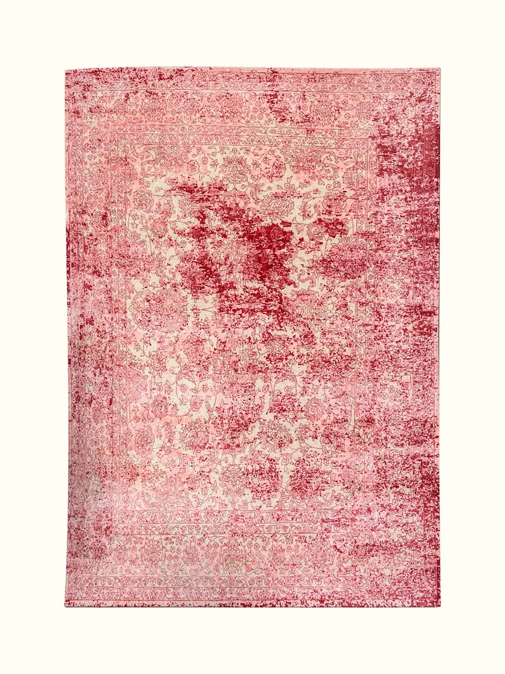 Front view of Transitional Persian Pink Bhadohi Wool & Bamboo Silk Hand Knotted Rug showing the full rug and pattern layout