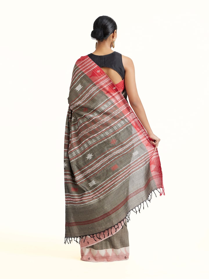 Back view of Brown Cotton Tussar Silk Kotpad Saree emphasizing the overall design and fine details