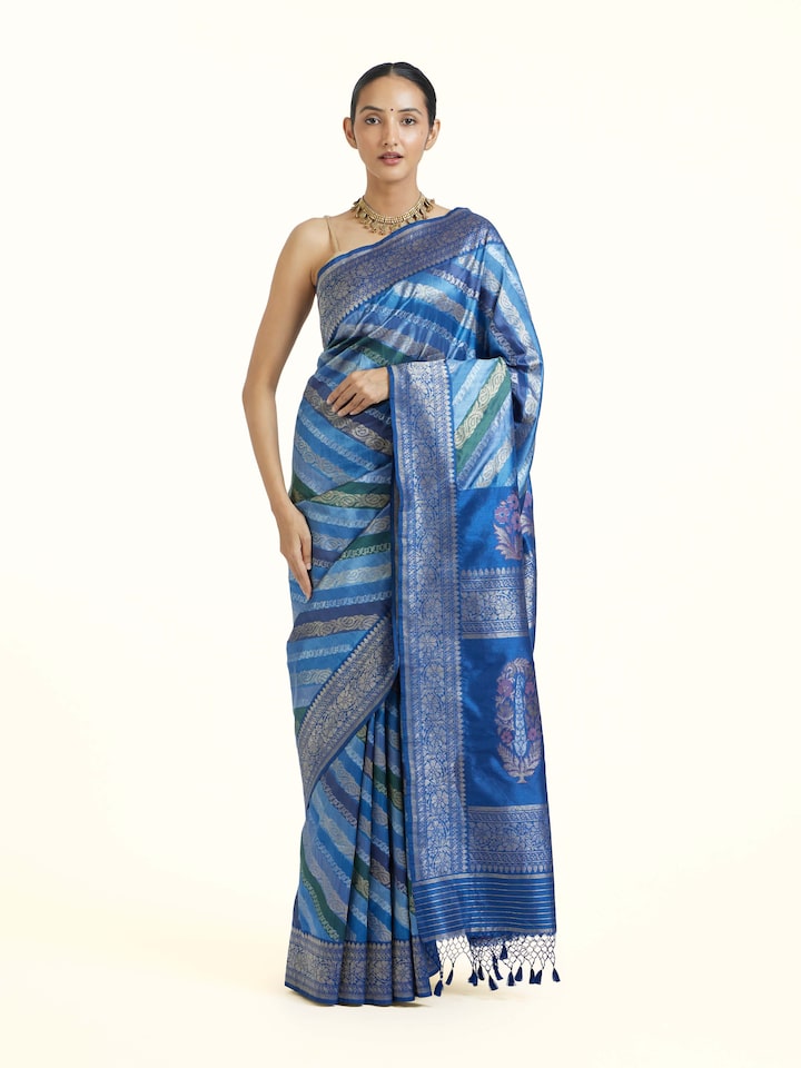 Front view of Indigo Ashavali Brocade Silk Saree showcasing its traditional craftsmanship and design