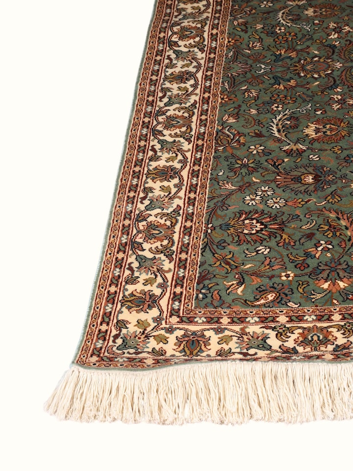 Lifestyle view of the Traditional Persian Sage Cream All-Over Kashmir Silk Hand-Knotted Runner