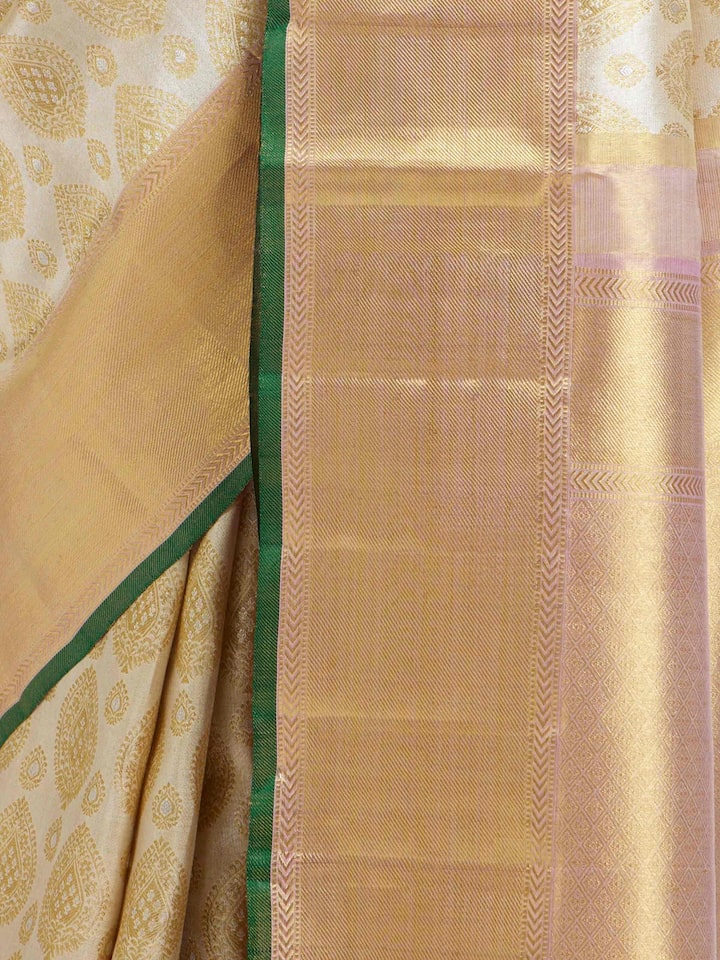 Detailed view of Gold Kancheepuram Silk Zari Saree focusing on the fine craftsmanship and texture
