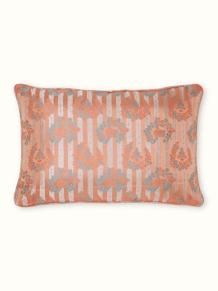 Matsya Peach All-over Silk Banarasi Brocade Handloom Lumbar Cushion Cover