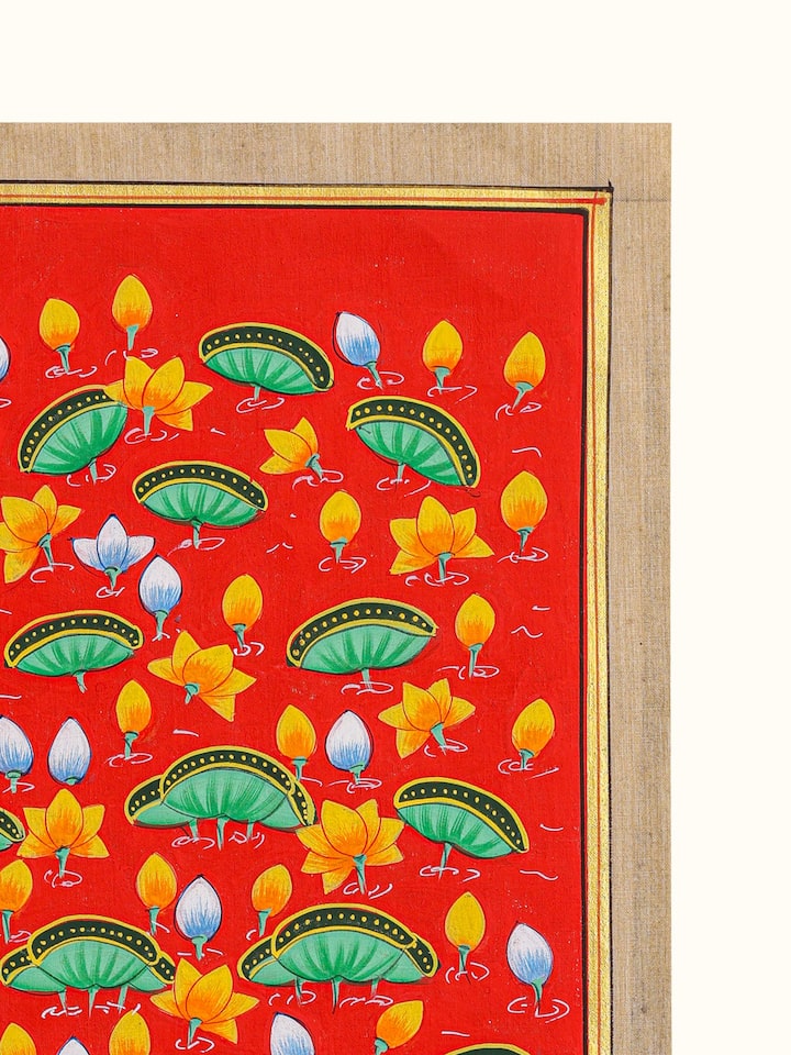 Close-up detail of the Kamal Talai Yellow Pichwai Painting