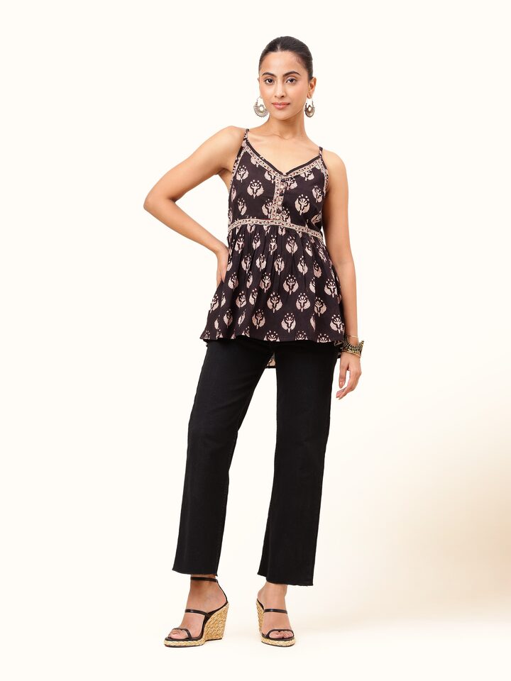 Black cotton Bagru block printed camisole top front view showing sleeveless design and print details