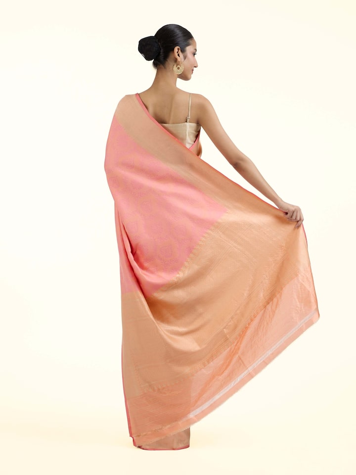 Back view of pink silk Banarasi saree displaying complete design