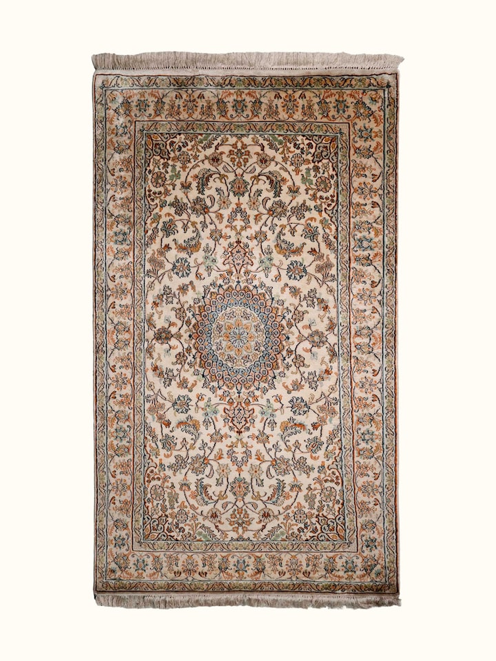 Front view of Traditional Persian Beige Kashan Kashmir Silk Hand-Knotted Carpet showing the full rug and pattern layout